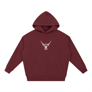 Maroon hoodie with a white logo on a white background