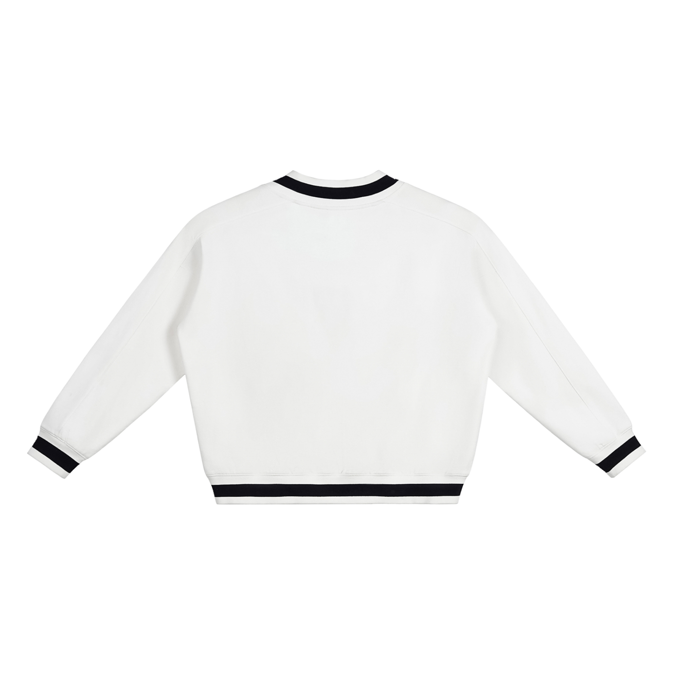 White sweater with black trim on a white background