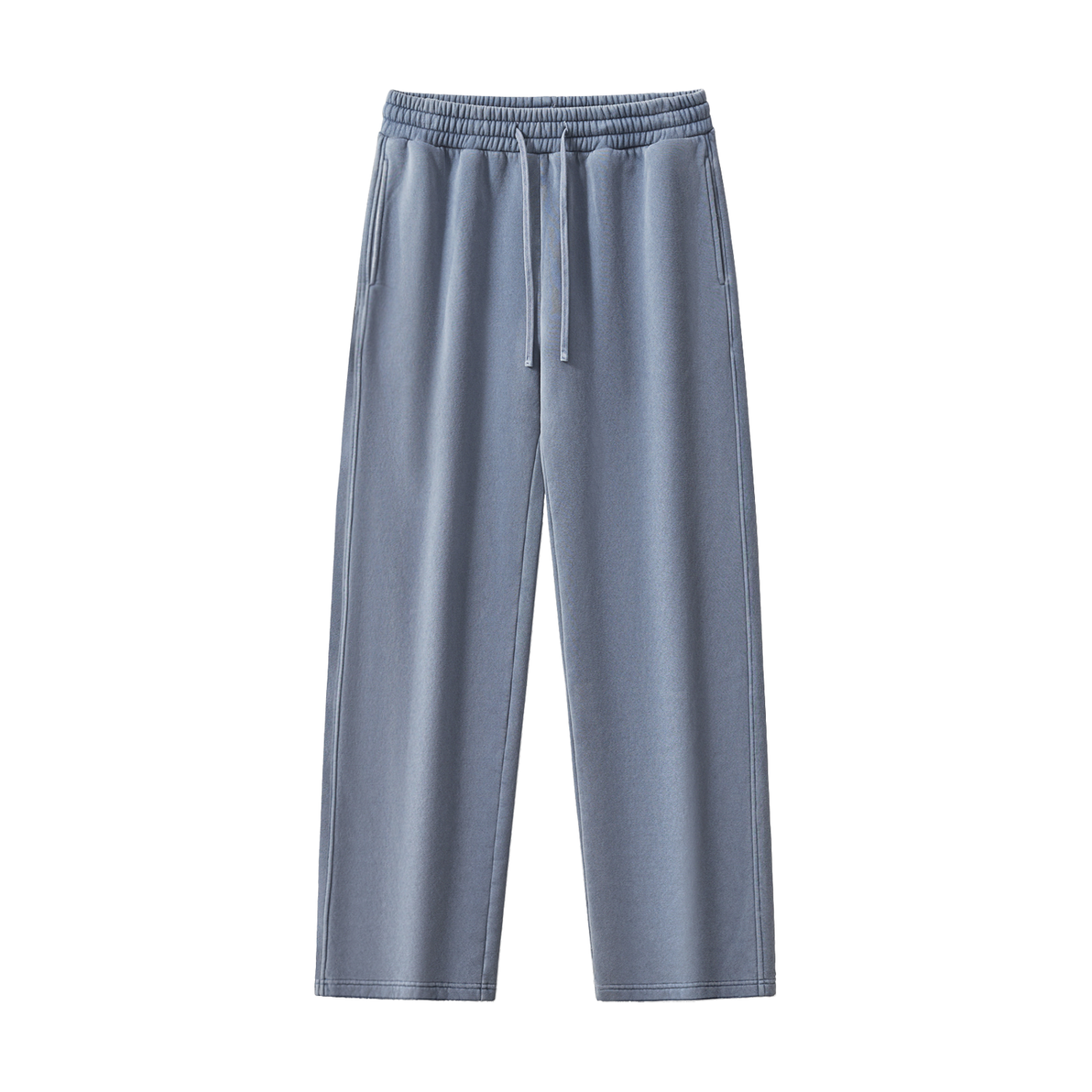 A pair of wide-leg sweatpants in a dusty slate blue color, featuring an elastic waistband with a matching drawstring and side pockets, shown against a plain white background.