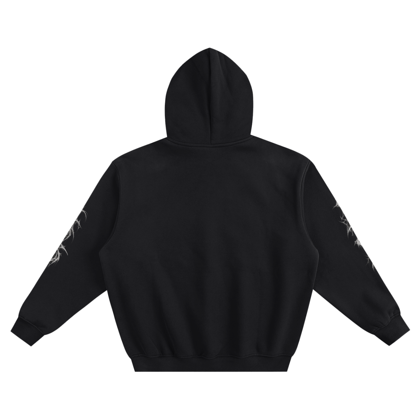 Black pullover hoodie shown from the back, featuring white graphic designs printed on both sleeves, set against a plain white background.