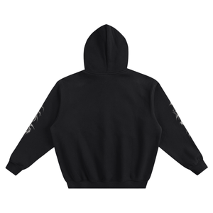 Black pullover hoodie shown from the back, featuring white graphic designs printed on both sleeves, set against a plain white background.