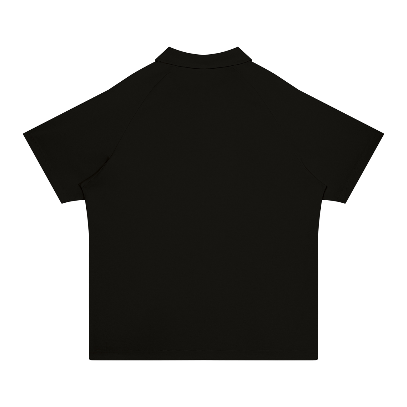A black short-sleeve polo shirt shown from the back, laid flat against a solid white background.