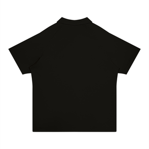 A black short-sleeve polo shirt shown from the back, laid flat against a solid white background.