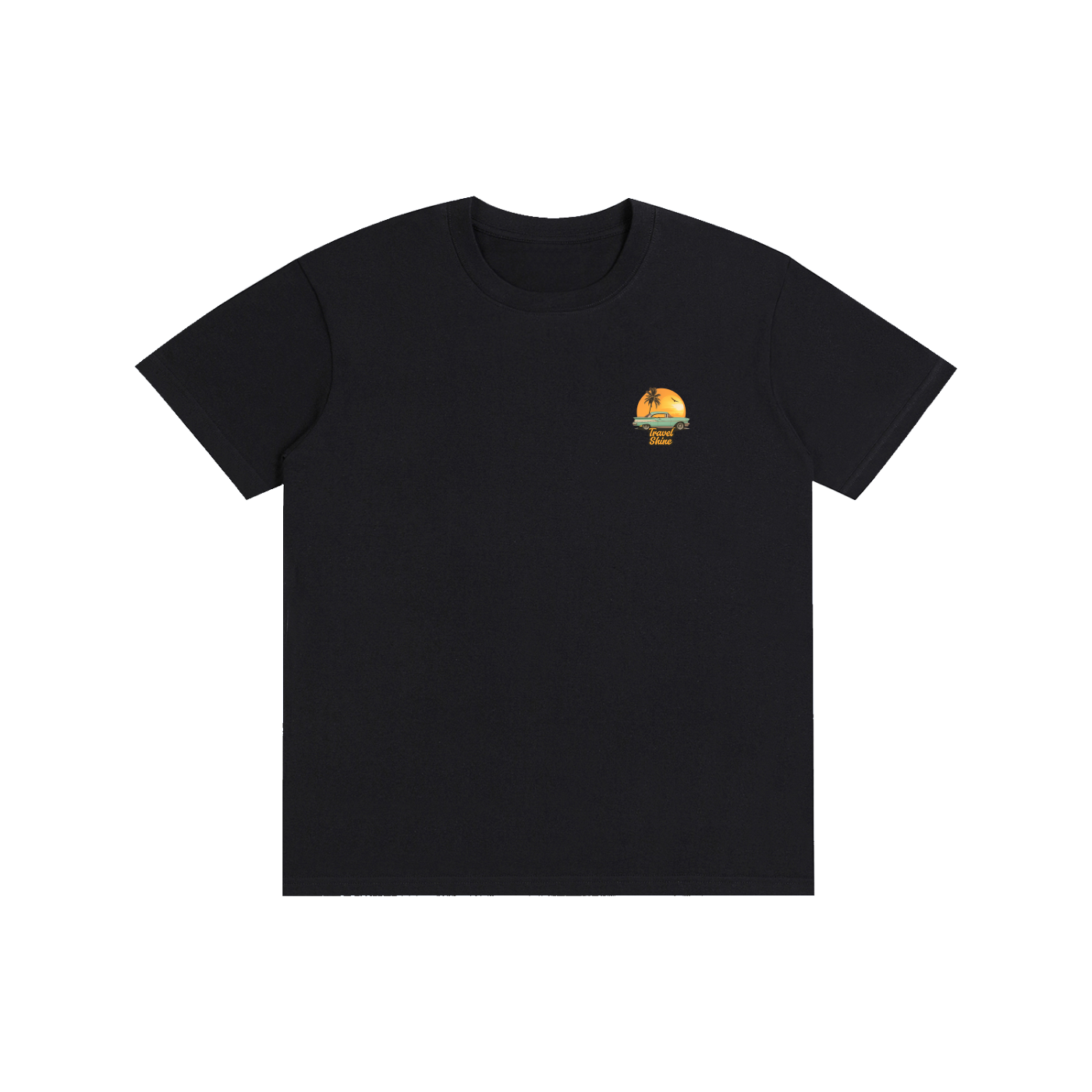 A black short-sleeve crewneck t-shirt with a small circular graphic on the left chest, displayed flat against a solid white background.