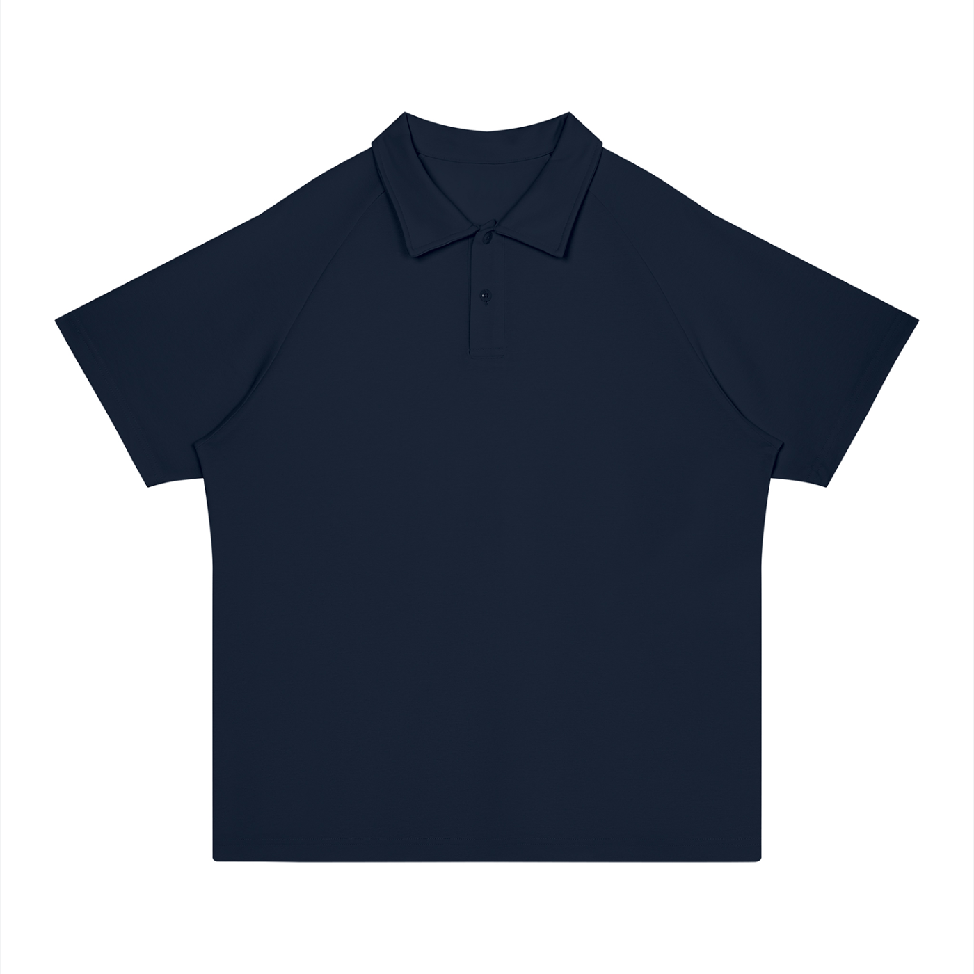 A dark navy blue short-sleeve polo shirt with a classic collar and a two-button placket, presented flat against a solid white background.