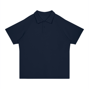A dark navy blue short-sleeve polo shirt with a classic collar and a two-button placket, presented flat against a solid white background.