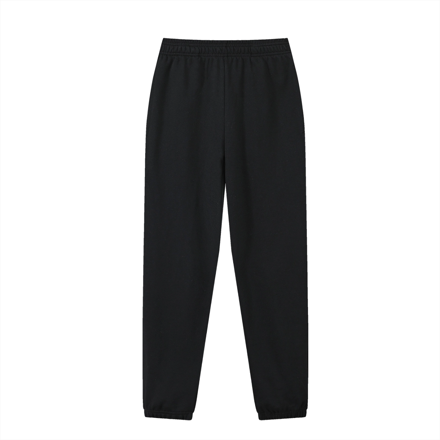 Black jogger pants with an elastic waistband and ribbed ankle cuffs, shown flat against a solid white background.