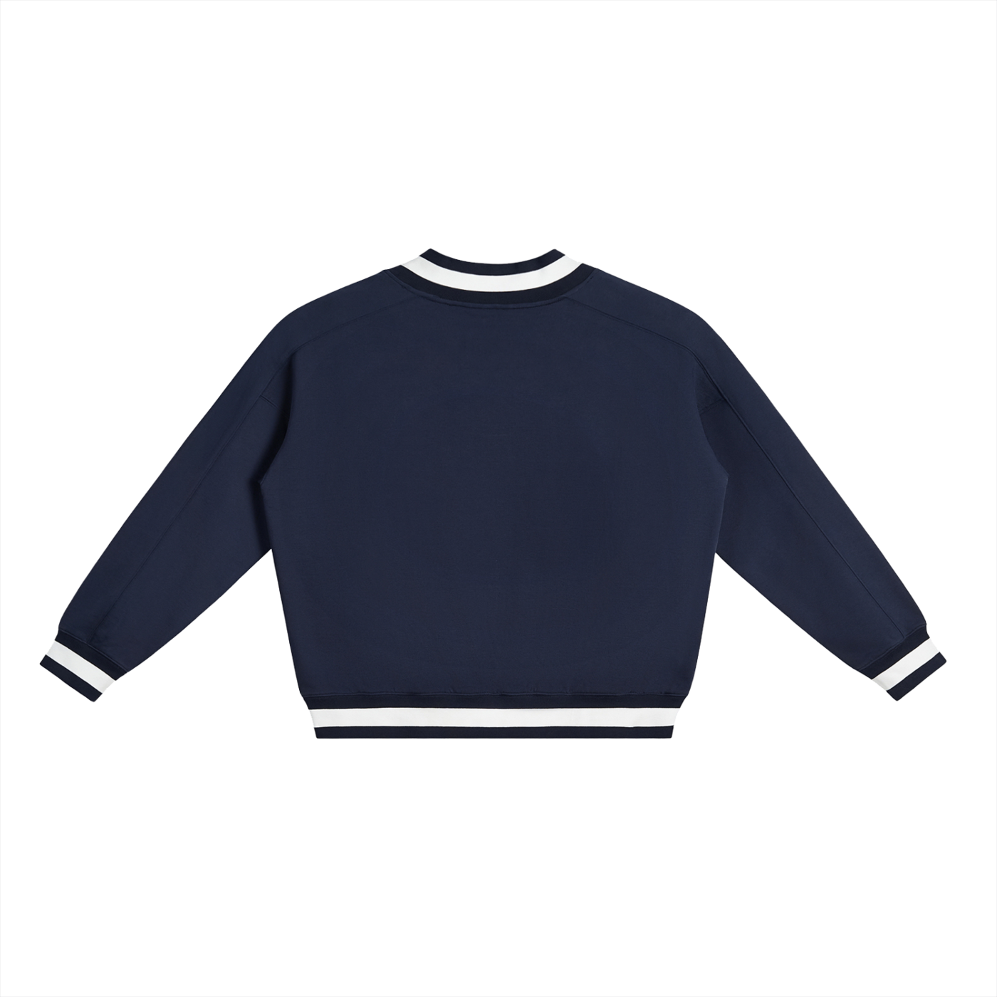 Navy blue sweater with white trim on a white background