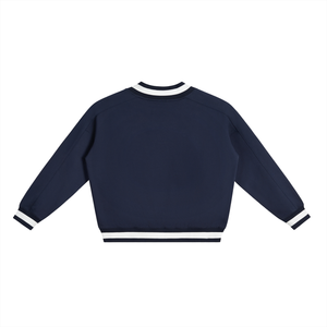 Navy blue sweater with white trim on a white background