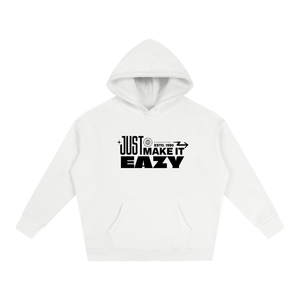 A white pullover hoodie with a black graphic text print reading 'JUST MAKE IT EASY' on the chest, displayed against a solid white background.