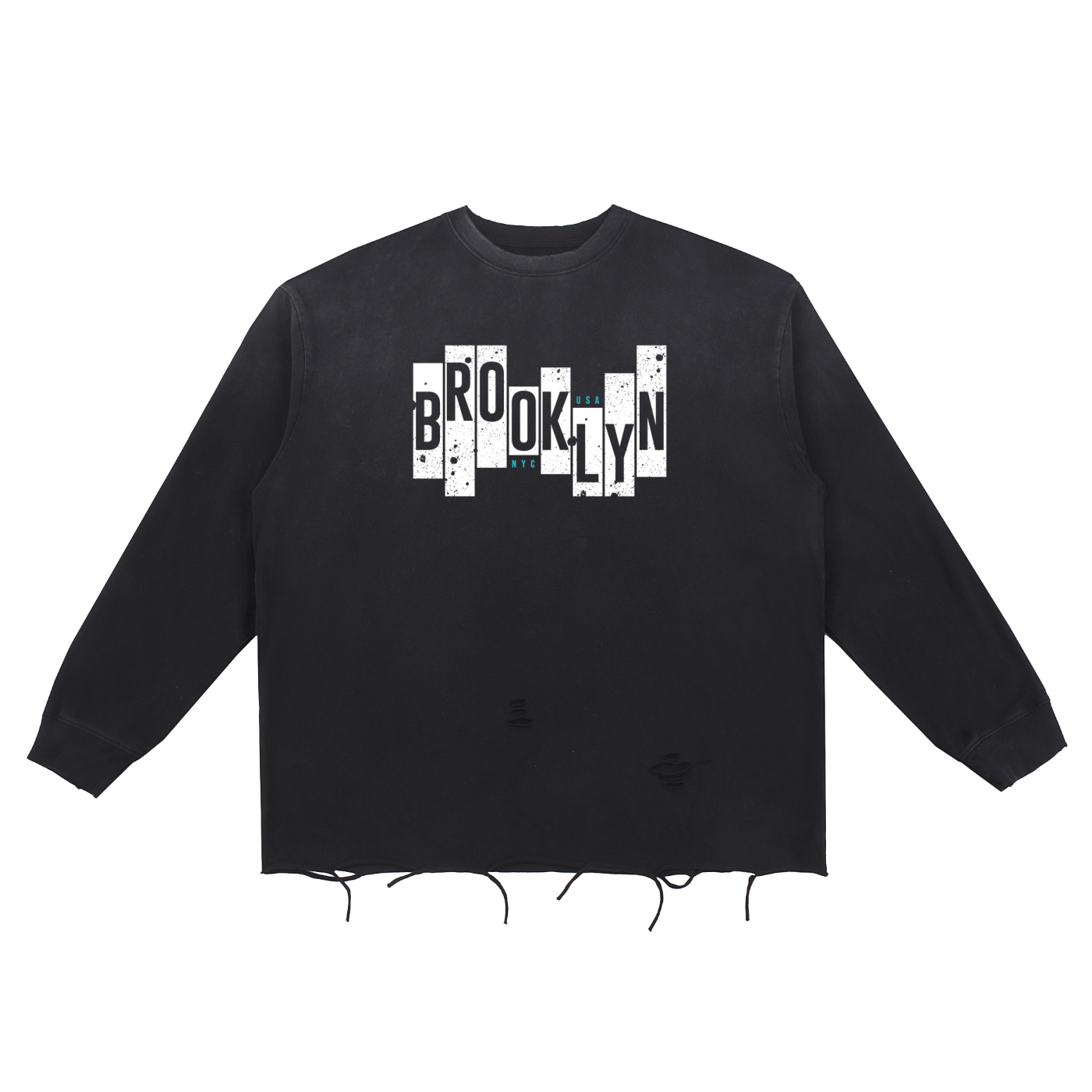 Black sweatshirt with white graphic and text on a white background