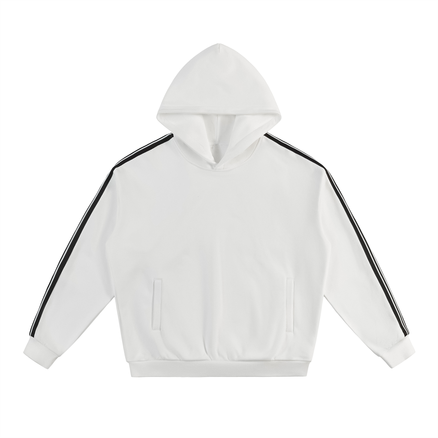 White hoodie with black stripes on sleeves on a white background