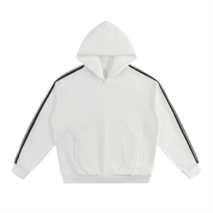 White hoodie with black stripes on sleeves on a white background