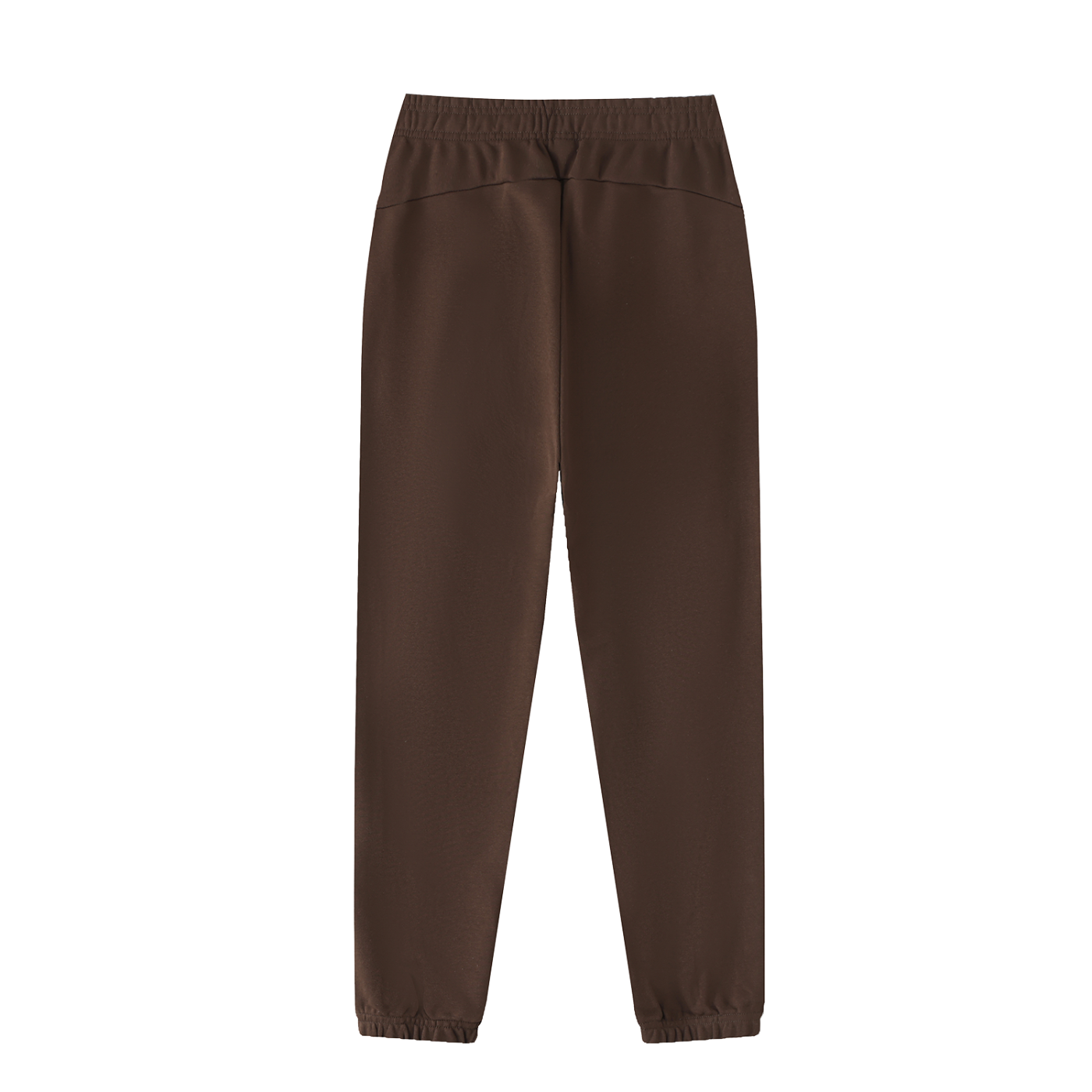 A pair of dark brown jogger-style pants with an elastic waistband and elastic cuffs, shown flat against a solid white background.