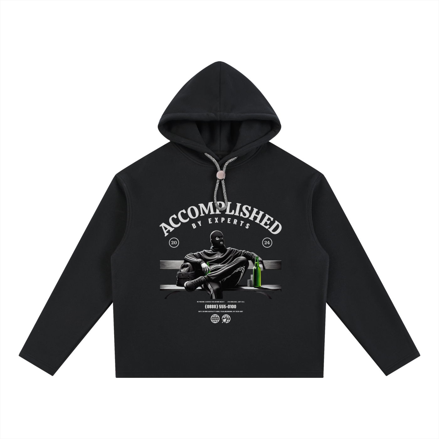 A black long-sleeve cropped hoodie with a graphic print on the front. The graphic features the text 'ACCOMPLISHED BY EXPERTS' in white arched lettering above an illustration of a person in a black suit holding a green bottle, set against a clean white background.