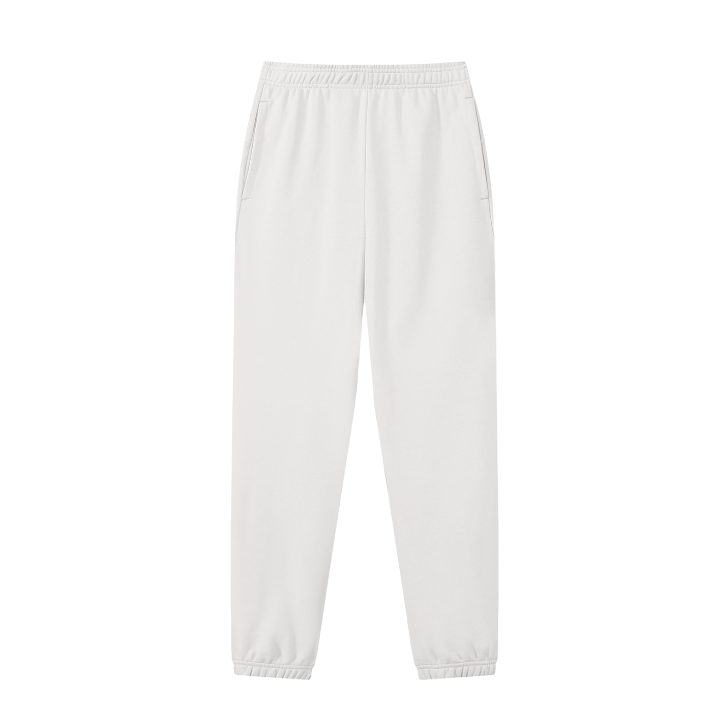 A pair of light gray jogger pants with an elastic waistband and elastic cuffs, shown flat against a solid white background.