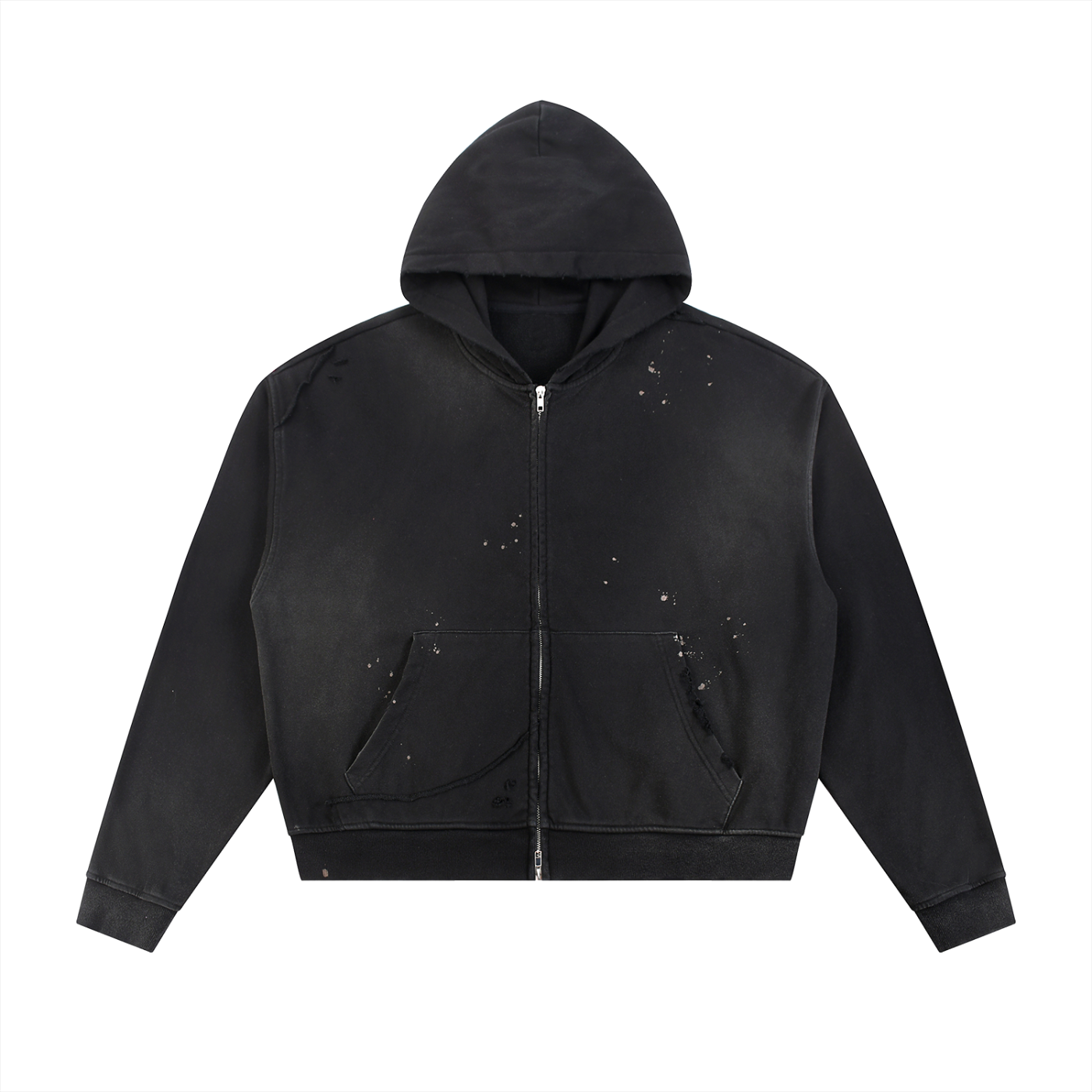 Black hoodie with visible branding on a white background