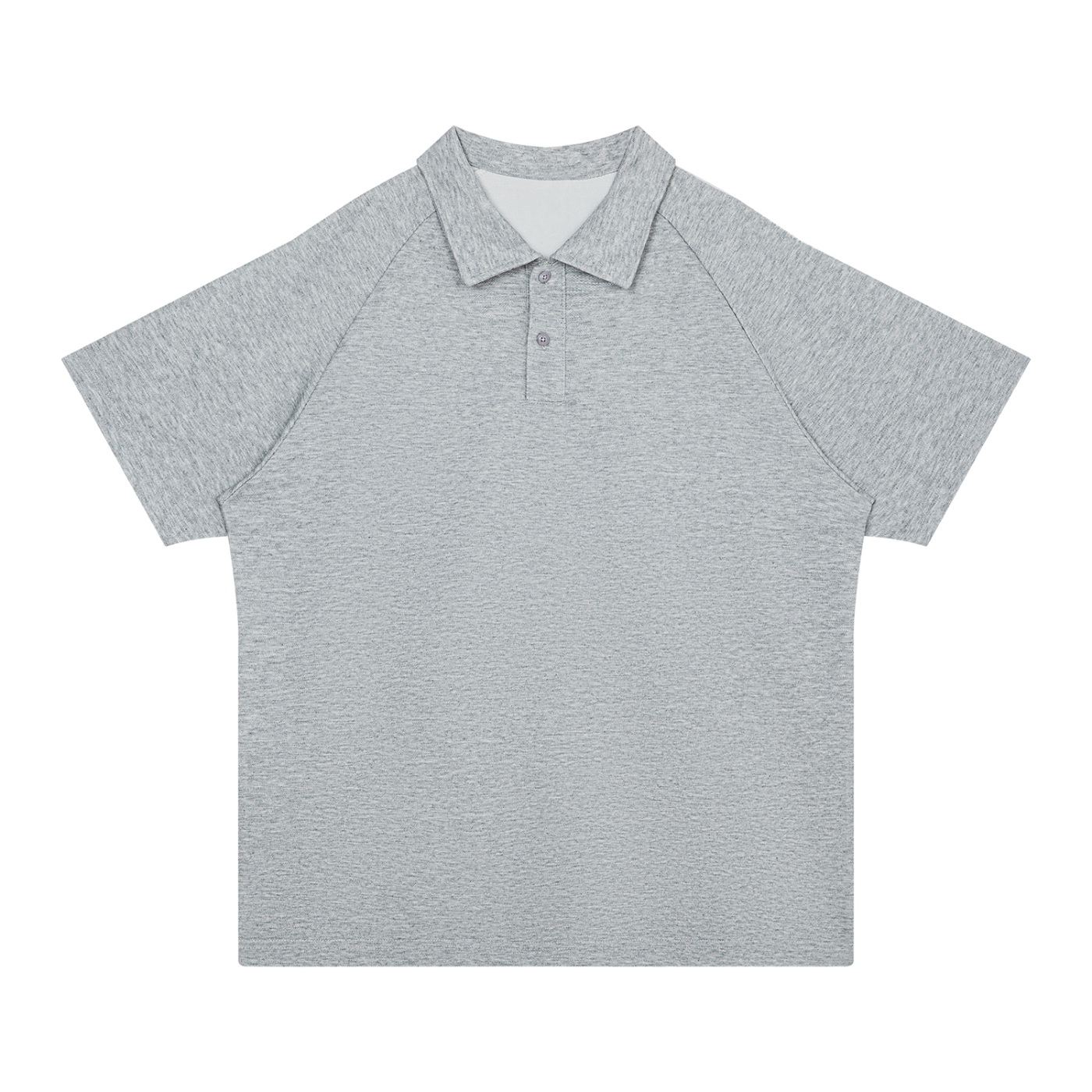A light gray heathered short-sleeve polo shirt with a classic collar and a two-button placket, displayed flat against a solid white background.