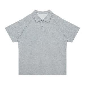 A light gray heathered short-sleeve polo shirt with a classic collar and a two-button placket, displayed flat against a solid white background.