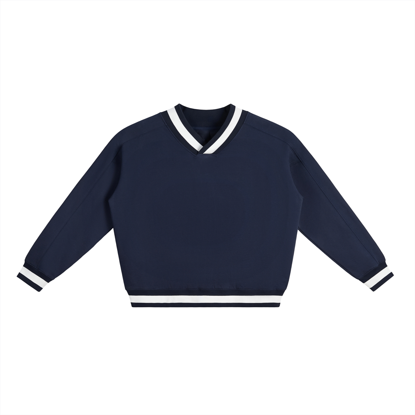 Navy blue sweater with white trim on a white background
