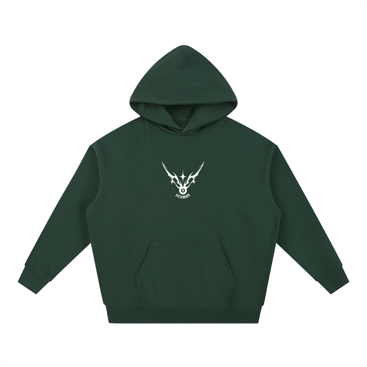 Green hoodie with a white logo on a white background