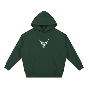 Green hoodie with a white logo on a white background