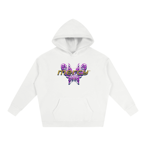 A white pullover hoodie with a front kangaroo pocket and a central graphic featuring a purple butterfly and the word 'mercy' in gold and purple lettering, displayed on a clean white background.