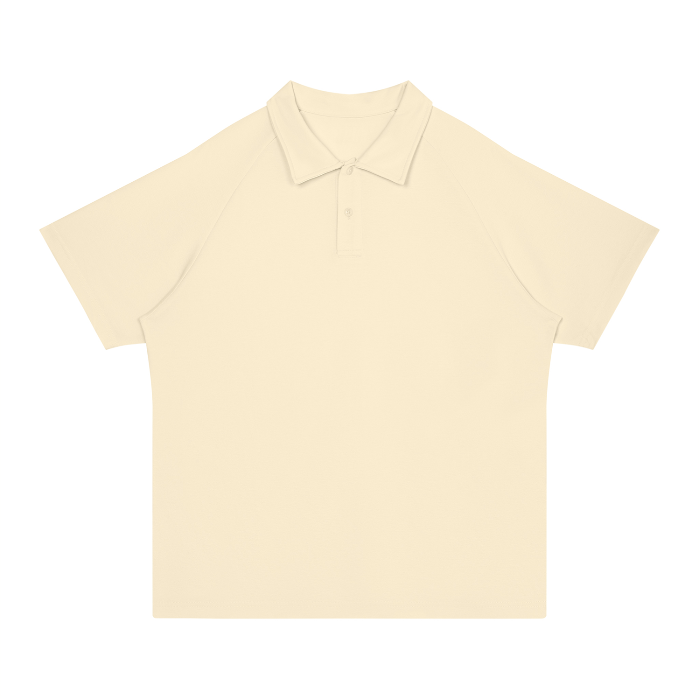 A short-sleeve polo shirt in a light cream or off-white color, presented flat against a solid white background.
