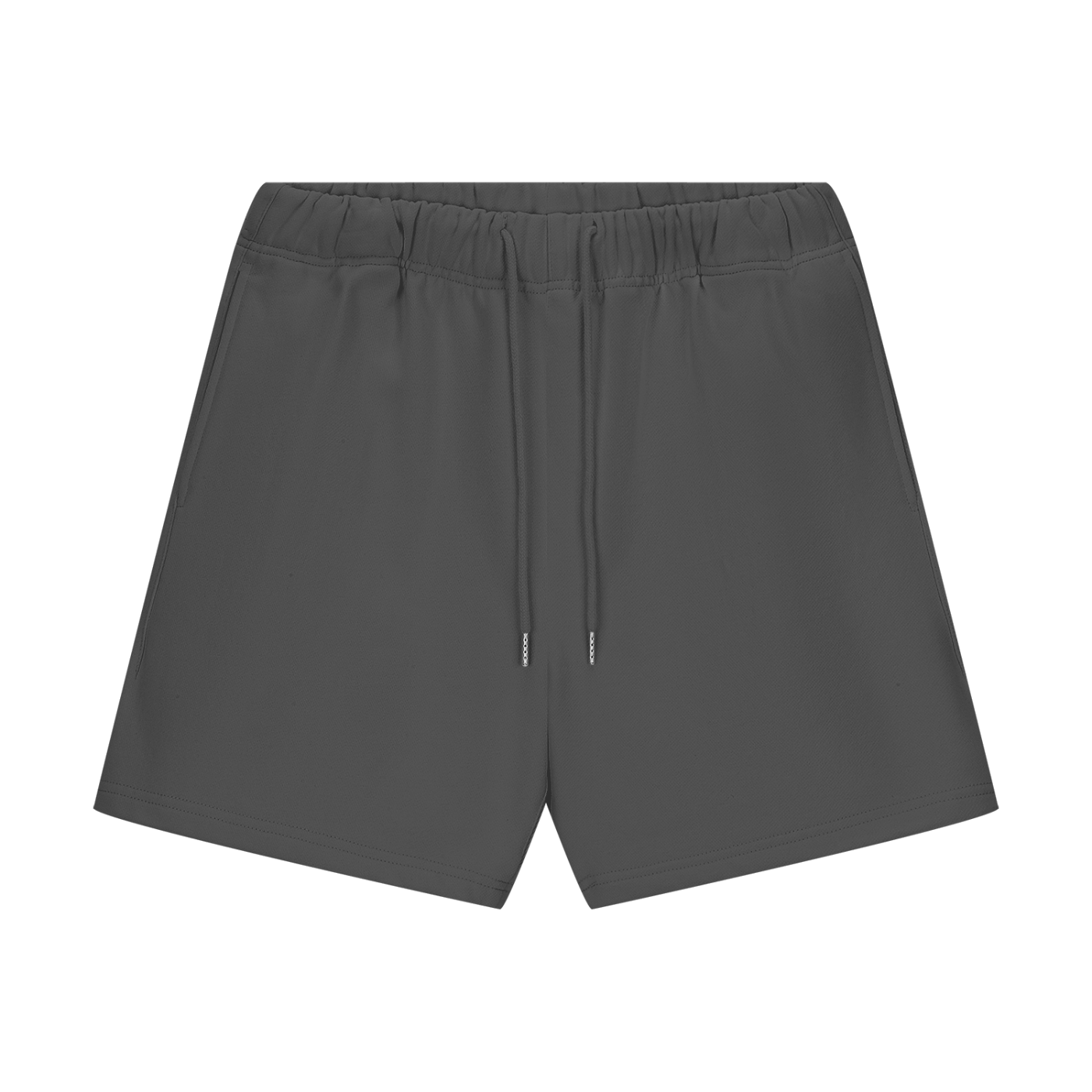 Dark gray shorts with a drawstring on a white background