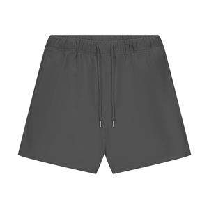 Dark gray shorts with a drawstring on a white background