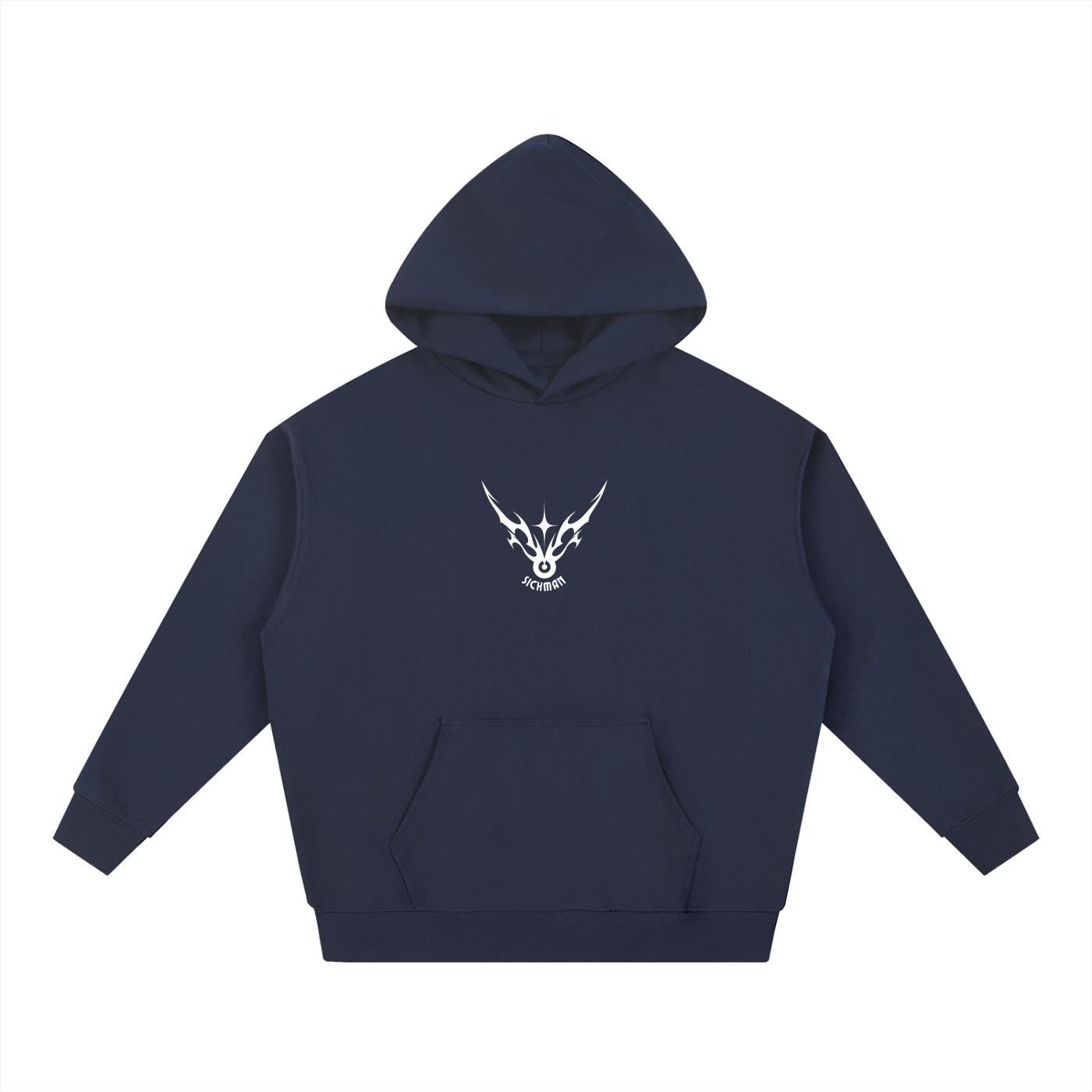 Navy blue hoodie with a white logo on a white background