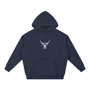 Navy blue hoodie with a white logo on a white background
