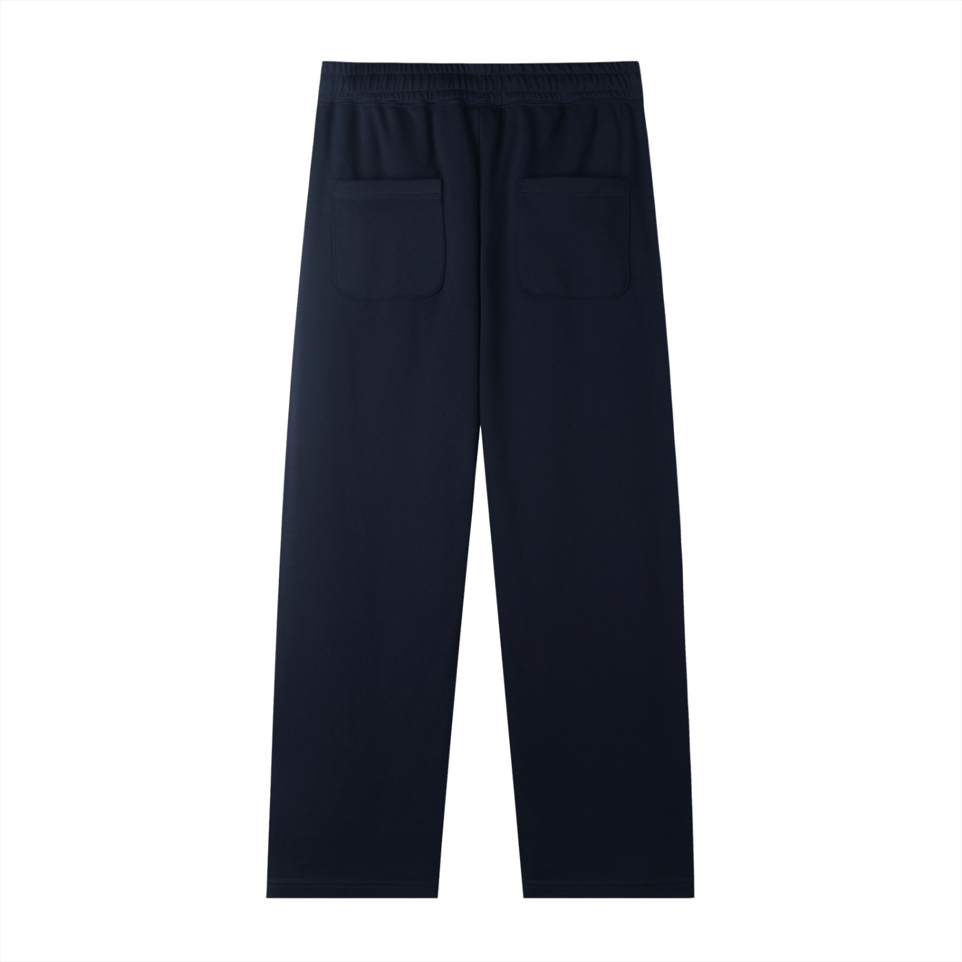 Navy blue pants with two front pockets on a white background