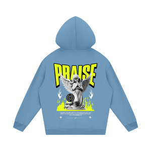 A light blue hoodie shown from the back, featuring a large graphic print with the word 'PRAISE' in bold yellow letters, a winged angel statue, and neon yellow flame accents on a white background.