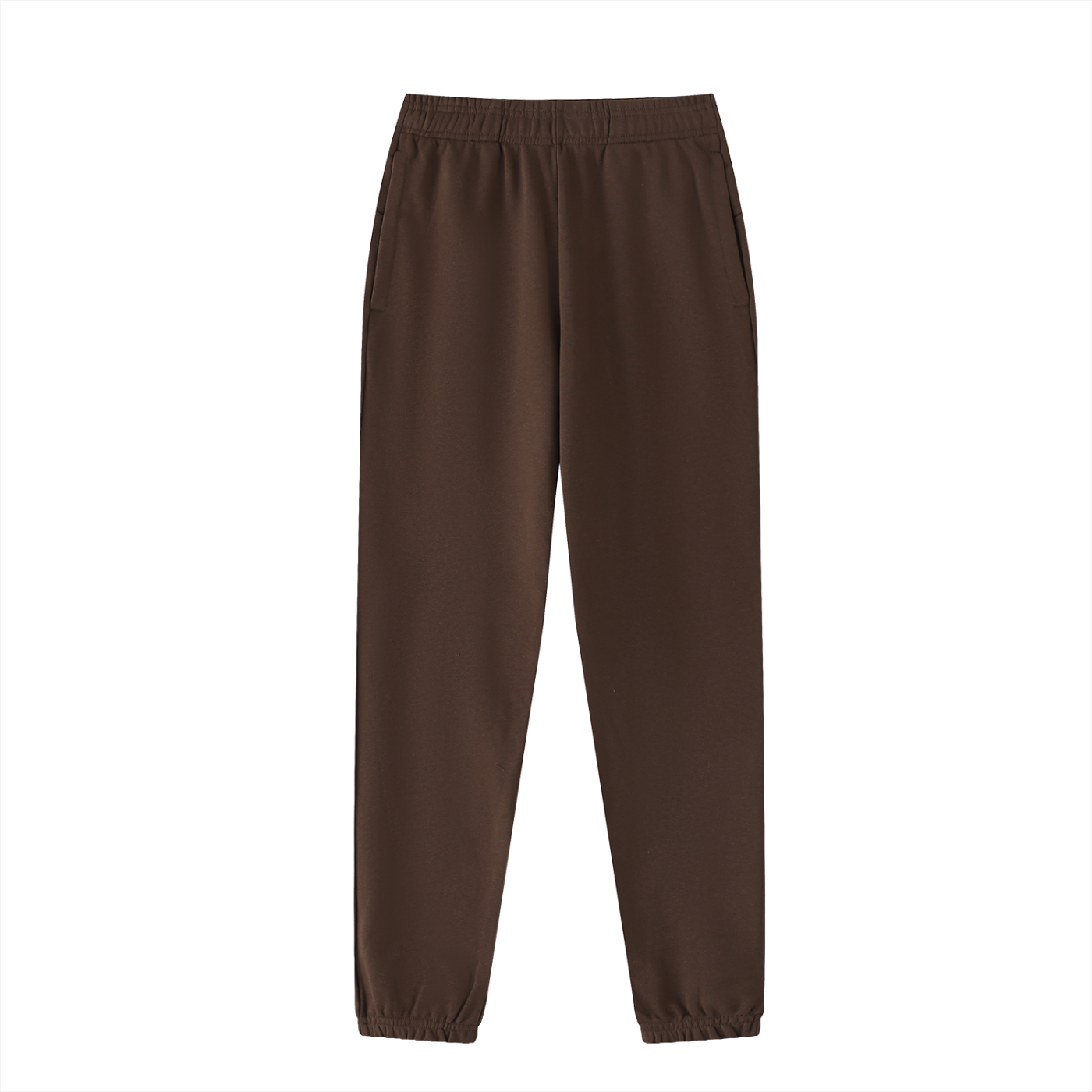 A pair of dark brown jogger pants with an elastic waistband and elastic cuffs, shown flat against a solid white background.
