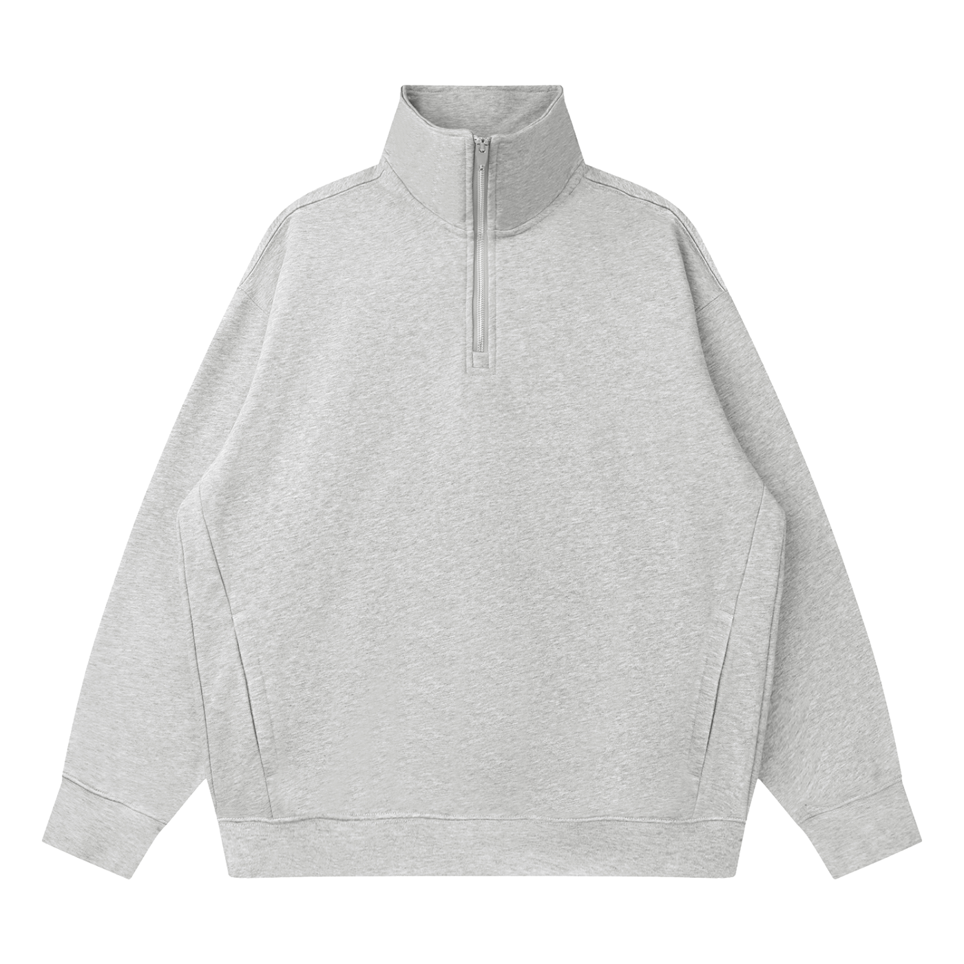 A light gray heathered quarter-zip sweatshirt with a mock neck collar, long sleeves, and side seam details, shown flat on a white background.