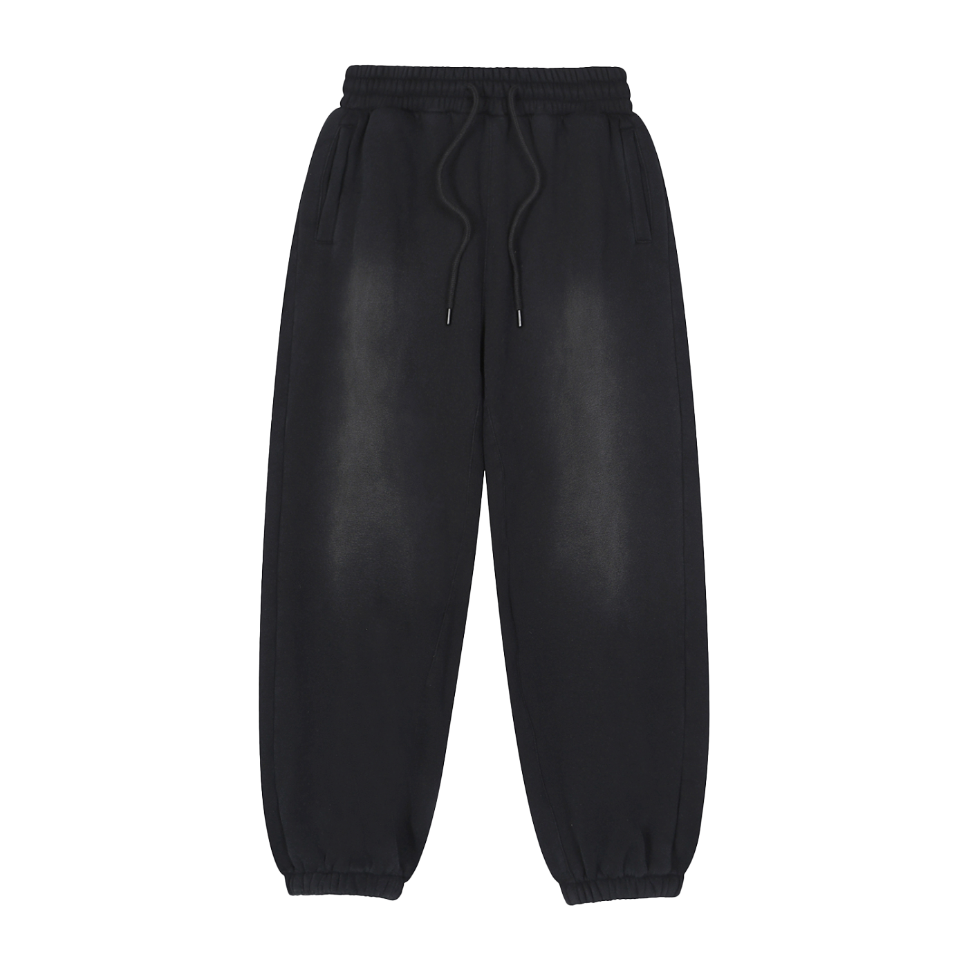 Black leather jogger pants on a white background