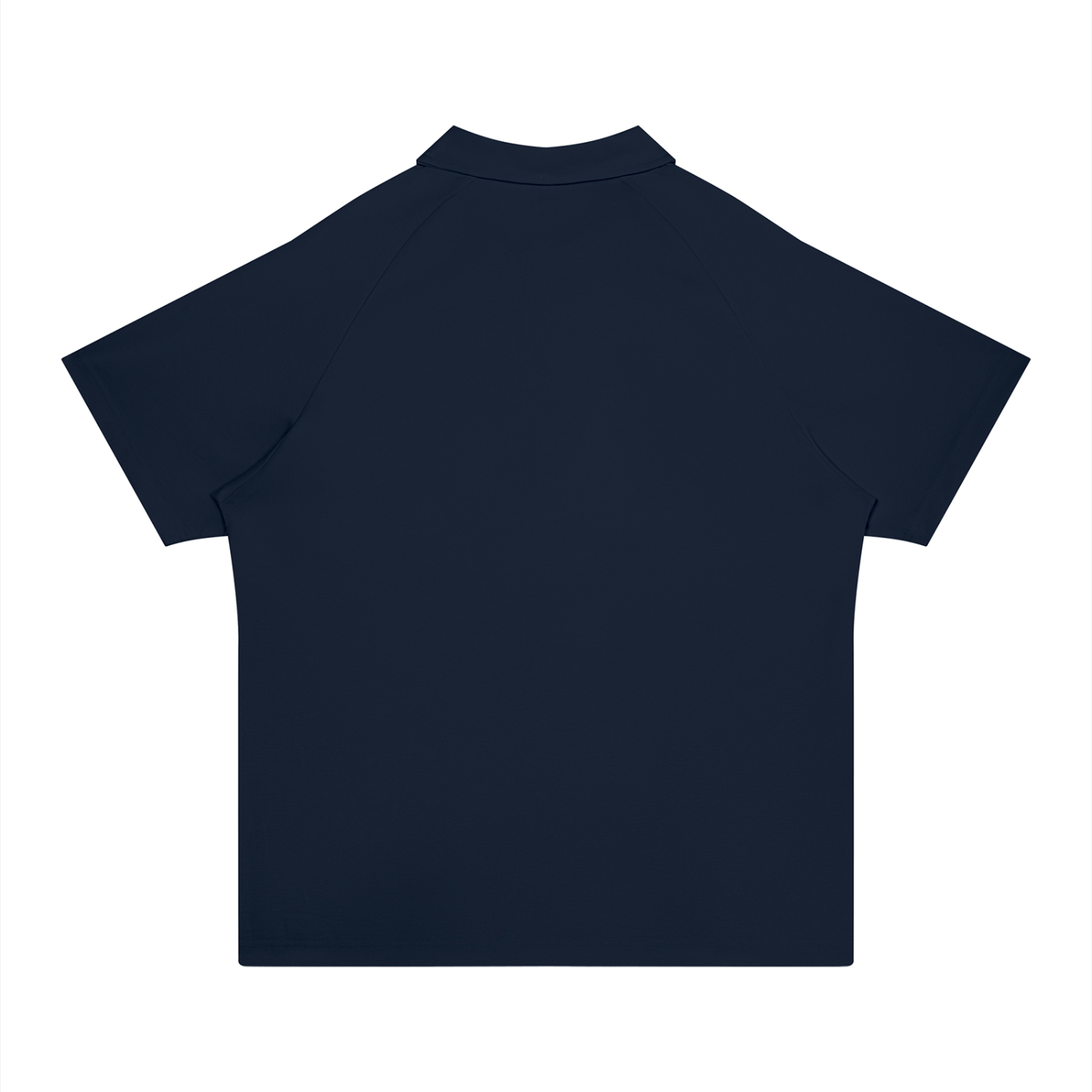 A dark navy blue short-sleeve polo shirt shown from the back, laid flat against a solid white background.