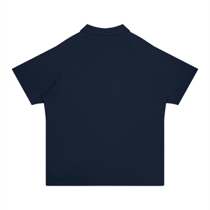 A dark navy blue short-sleeve polo shirt shown from the back, laid flat against a solid white background.