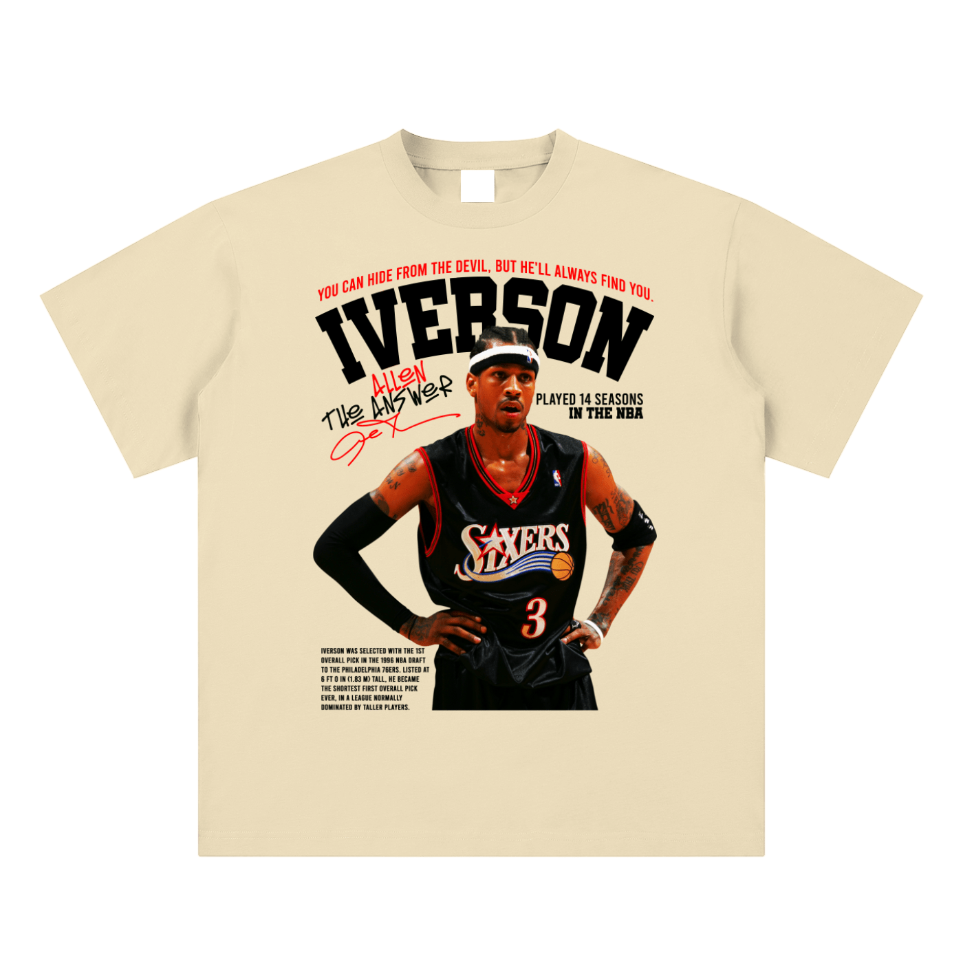 T-shirt with a graphic of a basketball player and text on a beige background