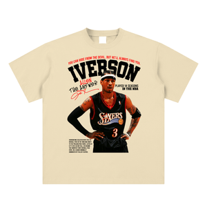 T-shirt with a graphic of a basketball player and text on a beige background