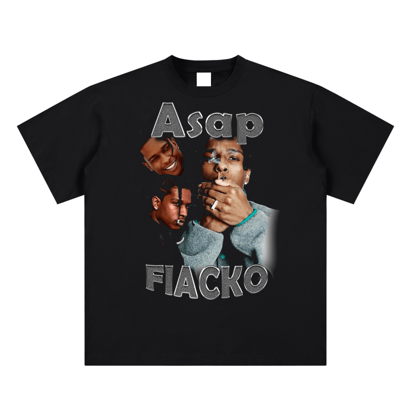 Black t-shirt with graphic of three people and 'Asap FIACKO' text on a white background