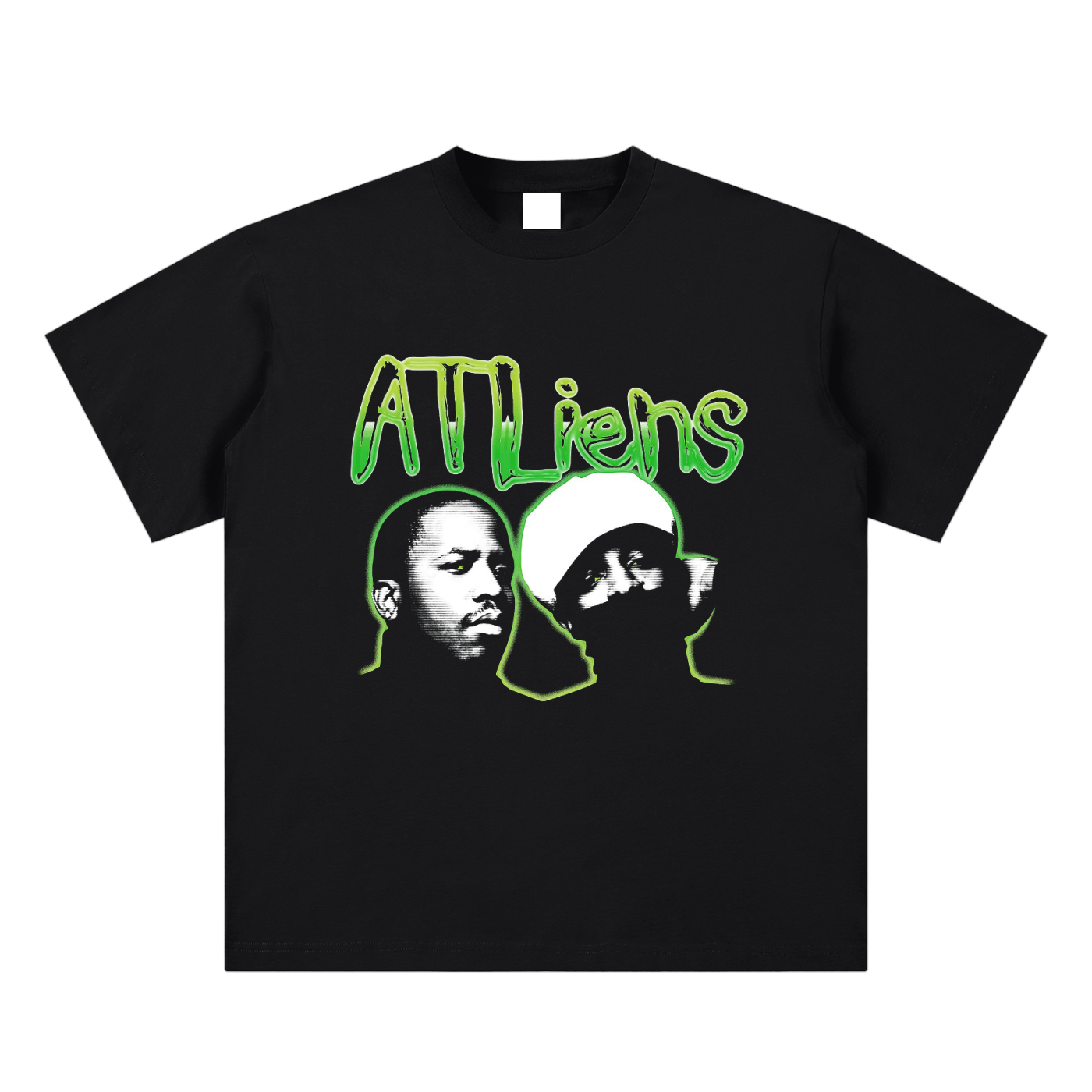 Black t-shirt with green graphic design featuring two faces and 'ATLiens' text on a white background