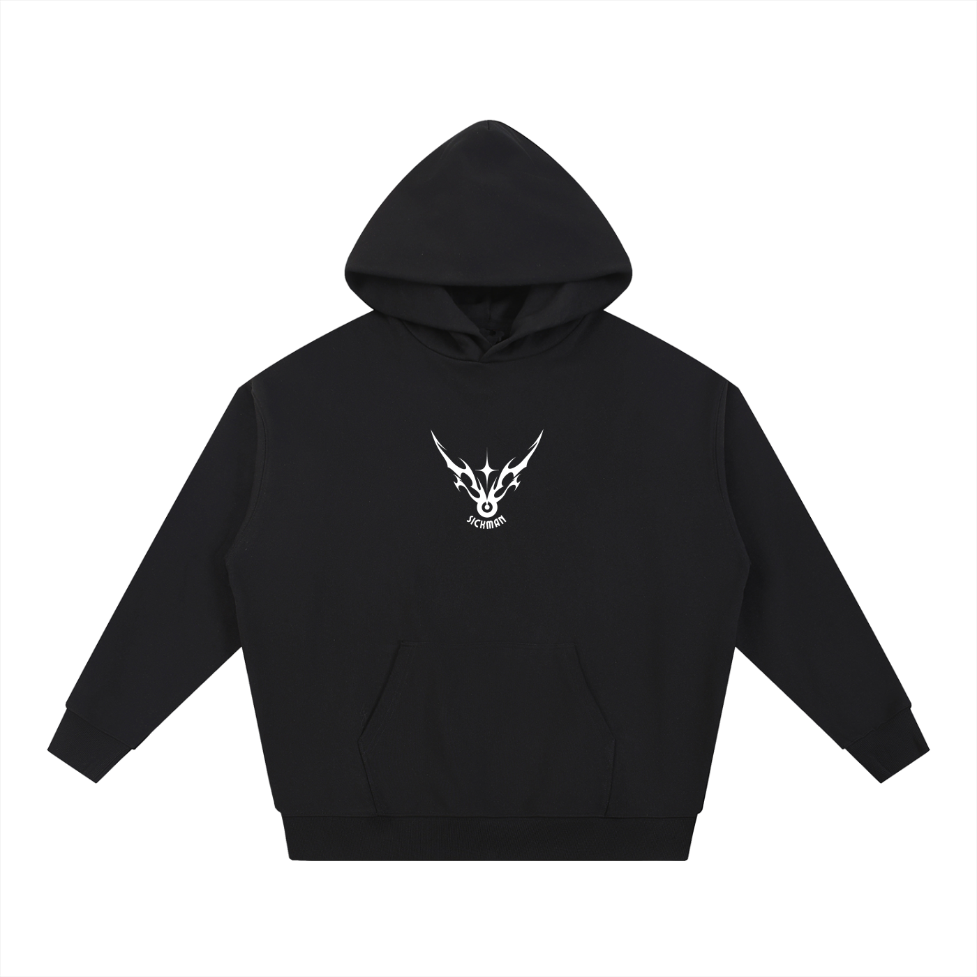 Black hoodie with a white logo on a white background