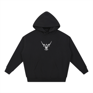 Black hoodie with a white logo on a white background
