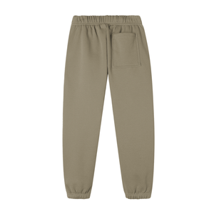A pair of light khaki sweatpants shown from the back, featuring an elastic waistband, a single back patch pocket, and elastic cuffs at the ankles, set against a plain white background.