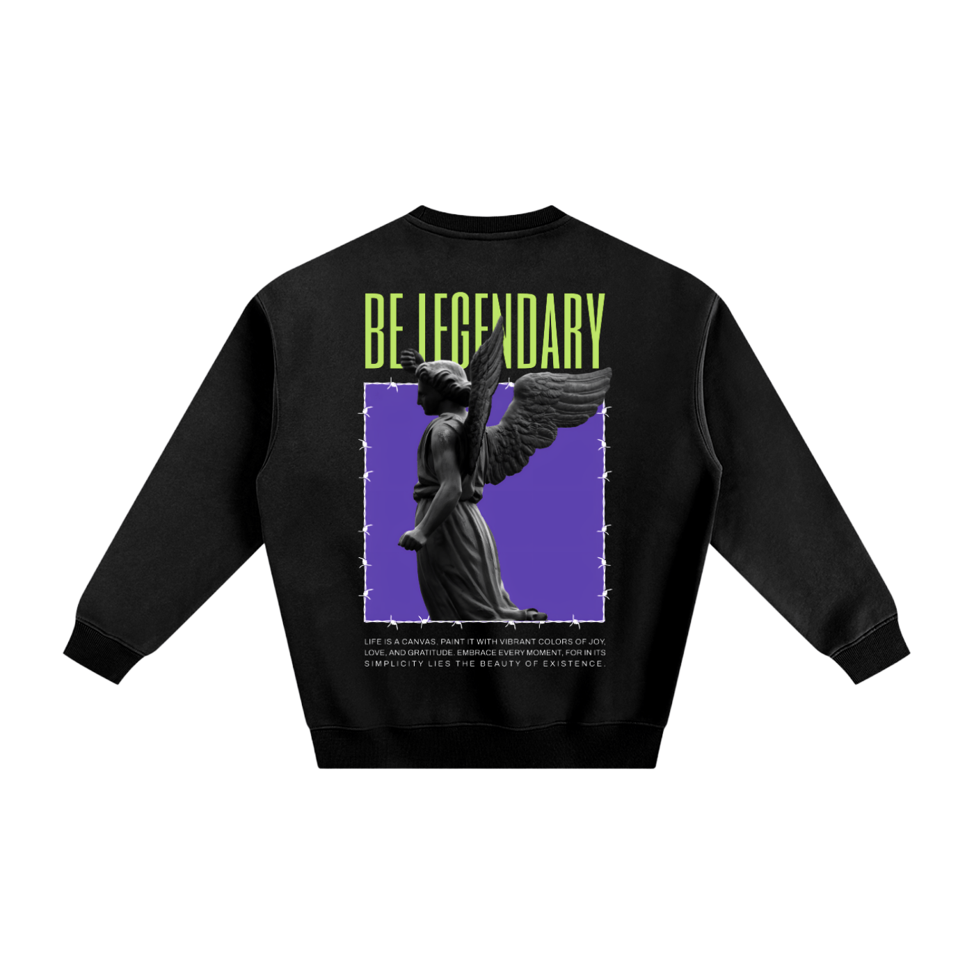 Black sweatshirt with an angel graphic and 'Be Legendary' text on a white background