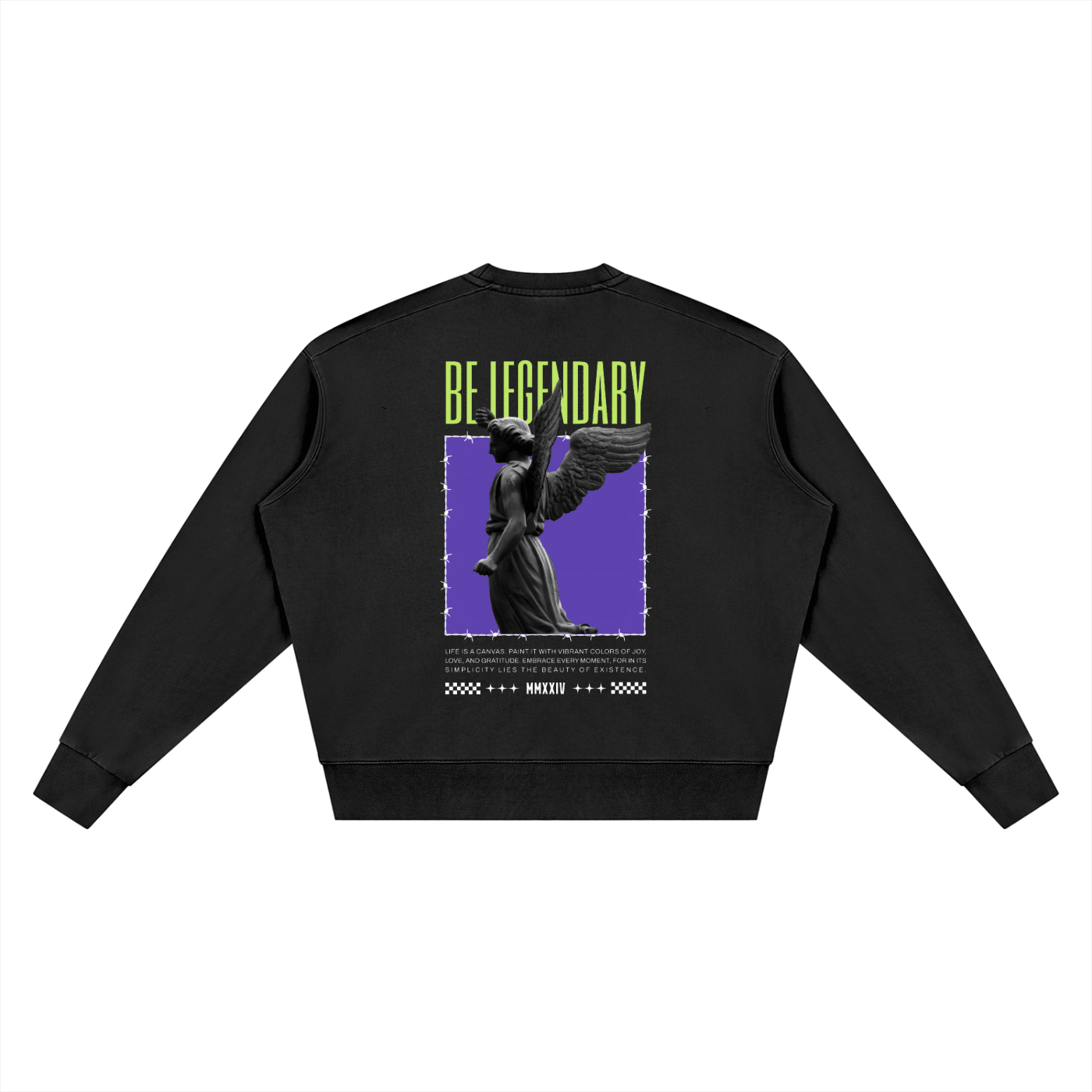A black crewneck sweatshirt shown from the back, featuring a graphic print of a winged statue on a purple background with the text 'BE LEGENDARY' in lime green and additional small text below.
