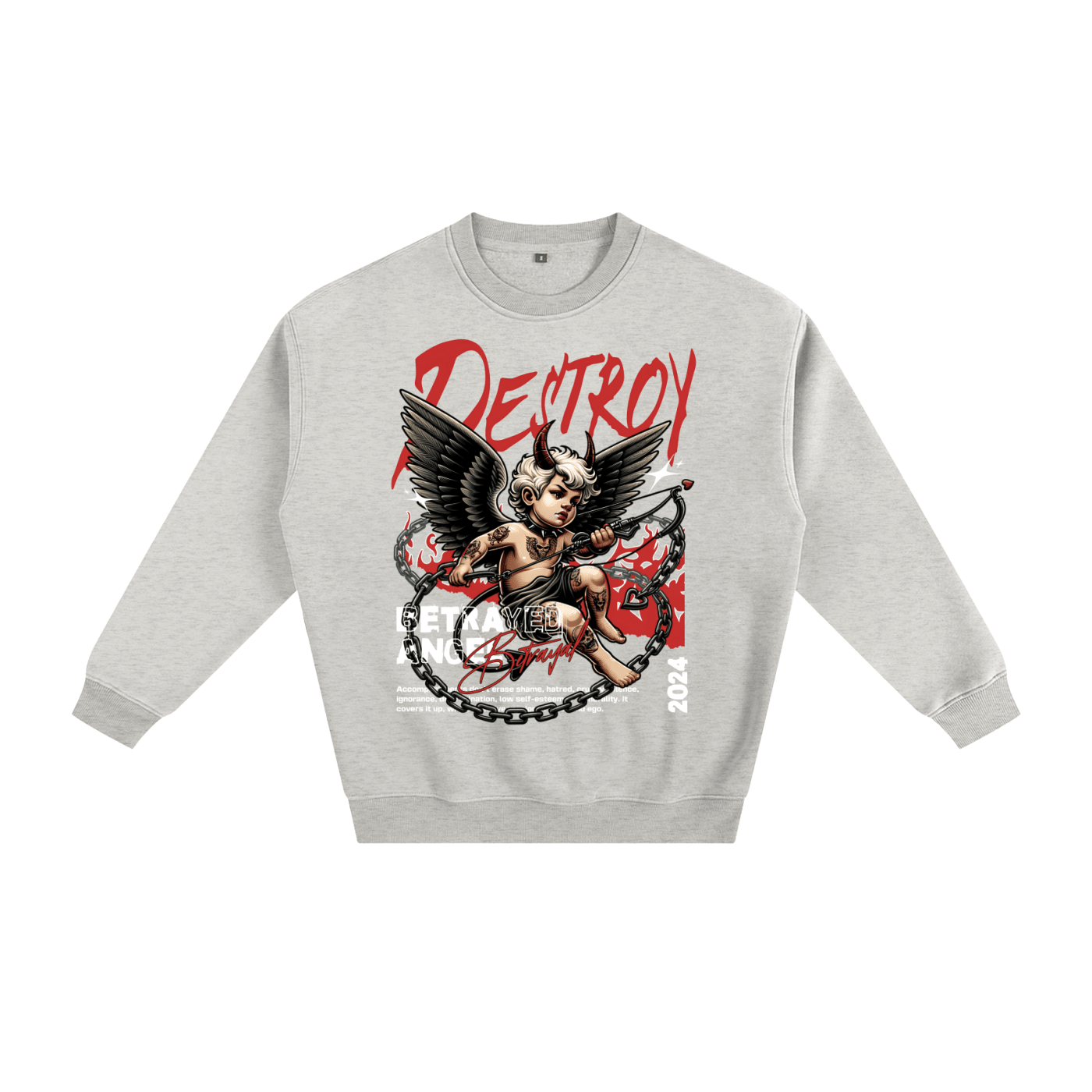 A light gray crewneck sweatshirt featuring a large graphic print of a winged cherub chained under the word 'DEITROY' in red, with a small '2025' print on the lower right of the graphic.