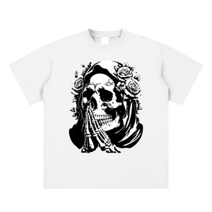 White t-shirt with a black graphic of a skeleton with roses on a white background